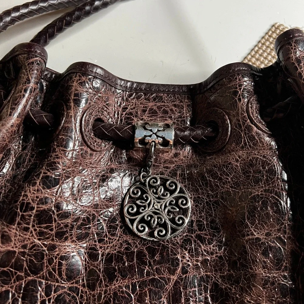 Brighton Croc Embossed Brown Leather Shoulder Bag Braided Strap Heart Charm